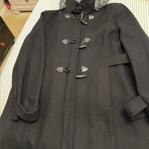 Nautica Black Wool-Blend Toggle Peacoat with Faux Fur Collar